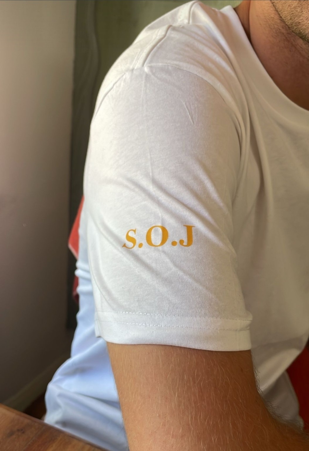 White Sons of Jericho T-shirt with gold SOJ sleeve detail